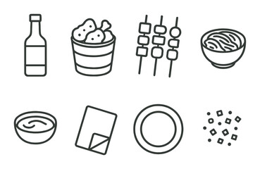 Outline icons of asian cuisine: noodles, skewers, sauce bottle, and dishes