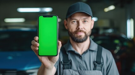 Emphasize mobile devices with a mechanic displaying a green screen phone for advertising online maintenance and repair services in a garage