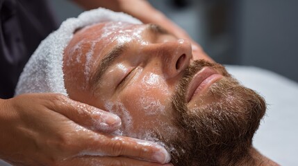 Licensed aesthetician preparing a Caucasian man s face for a spa treatment Skincare and relaxation focus
