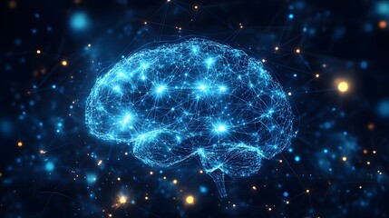 A dynamic, glowing blue wireframe model of the human brain surrounded by abstract neural connections and bright bokeh lights, representing AI, technology, or thinking.