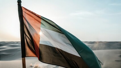 The united arab emirates flag waving in the desert at sunset, a symbol of national pride and identity in the middle east