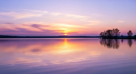 Fototapeta premium Beautiful sunset over the lake with trees on the horizon