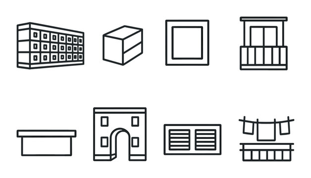 Architectural line icons set featuring buildings and windows on dark background