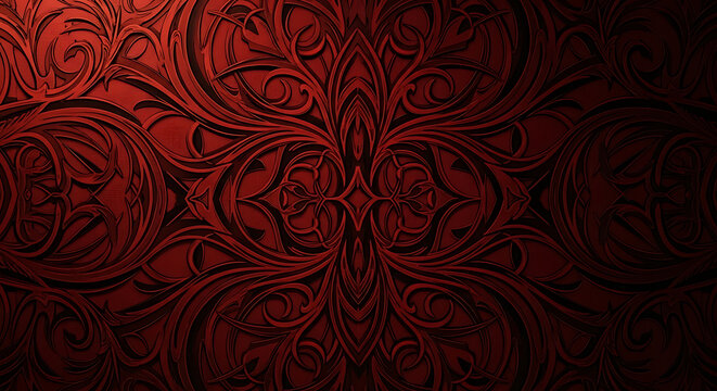 Intricate dark red floral pattern with swirling designs and symmetrical arrangement on a dark background