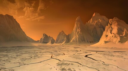An artistic rendering of Titan's frigid landscape, featuring towering, icy mountains and a cracked, barren methane-ice plain under an orange, hazy sky.