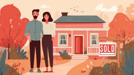 A married couple stands in their yard with a sold sign in front of their new home representing love mortgages and real estate investment