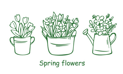 Set of outline bouquet spring flowers in watering can