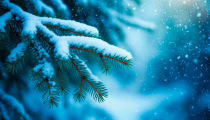 Close-up of a pine or spruce tree covered in a thick layer of snow, falling snowflakes, blue background, bokeh effect, winter forest