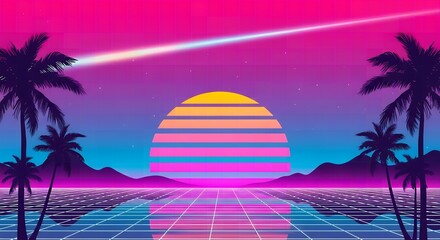 Retro futuristic landscape with palm trees and sunset