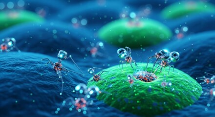 Microscopic View of Nanobots Working on Cellular Level. abstract microscopic landscape. Small, highly detailed digital nanobots are visible working on the surface of blurred human cells