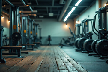 Modern Gym Interior: Empty Fitness Center with Weight Machines and Wooden Floor