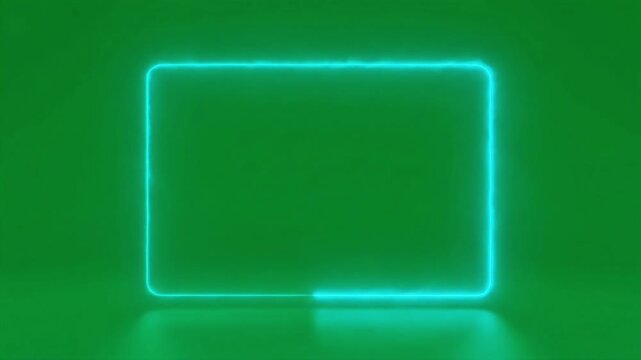 Neon-lit green rectangle with glowing blue outline on a dark green background with reflections.