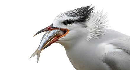 Obraz premium 明るい背景の中 白い鳥が魚をしっかり捕まえて 鮮やかに描写するクローズアップ写真