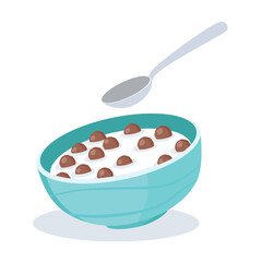 Vector illustration of crispy chocolate cereal balls in bowl with milk and spoon