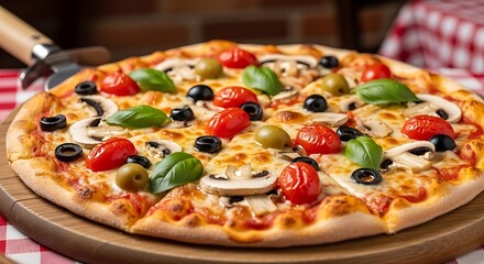 Mouthwatering gourmet pizza generously topped with fresh mushrooms, juicy cherry tomatoes, savory black olives, and fragrant basil, served on rustic wooden board