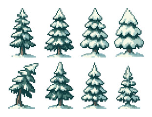 Pixel art winter trees set in various snowy stages