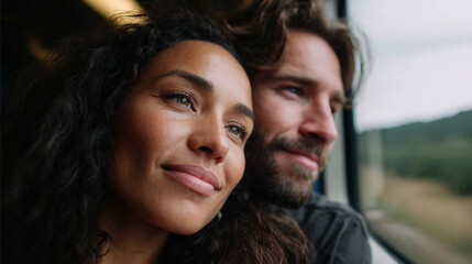 Couple enjoying a scenic train ride.