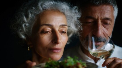 Elderly couple enjoying a meal together. the woman is holding a plate of food and the man is holding up a glass of white wine.