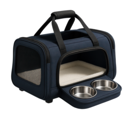 A pet carrier featuring integrated food and water bowls, ideal for long car journeys.