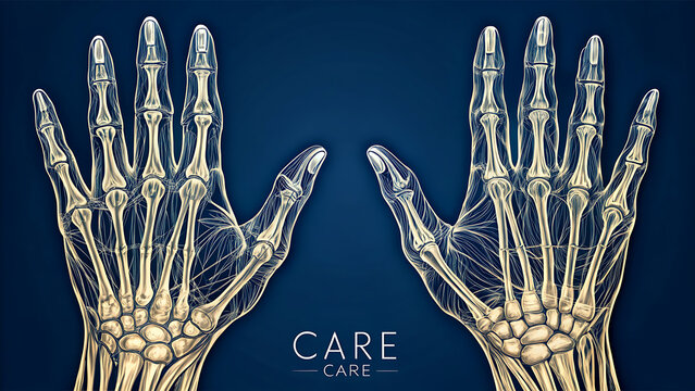 Human hands with visible bones detailed anatomical illustration for medical or healthcare concepts on a blue background