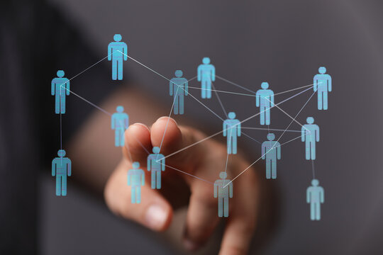 Abstract image showing interconnected human icons representing network, communication, social media, technology - Powered by Adobe