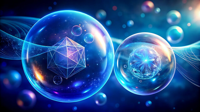 Abstract geometric shapes inside transparent spheres futuristic technology concept glowing blue and purple design