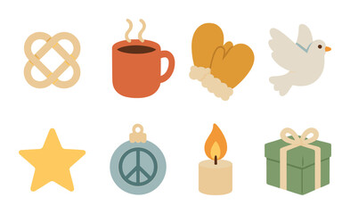 Festive icons: cozy mug, mitten, dove, star, peace ornament, candle, gift box