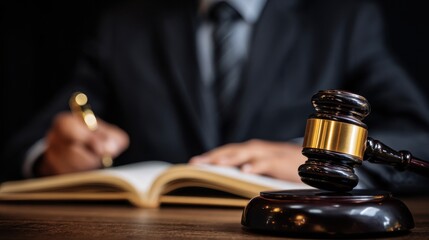 Attorney at work using law texts in an office or court focusing on justice with a gavel