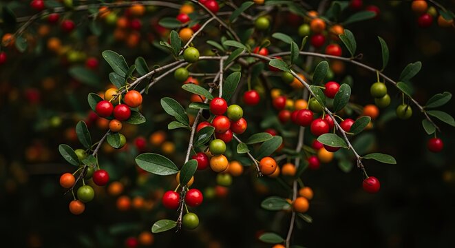 Colorful wild berries in shades of red, orange, and green grow on a branch with lush leaves, captured in a moody, atmospheric close-up with a soft, dark background