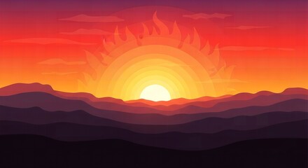 Vibrant sunset over mountain range in vector format