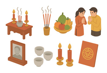 Asian ancestral worship ritual with offerings incense and prayers