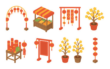 Festive lunar new year decorations with lanterns and plants in warm tones