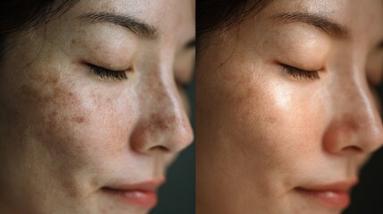 Obraz premium Before and after images of an Asian woman s face showing dark spot melasma and large pores after treatment Focus on skincare and health issues