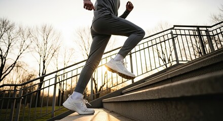 Low angle view of an athletic person in sportswear running up concrete stairs outdoors during a beautiful sunset workout, embodying a healthy and active lifestyle