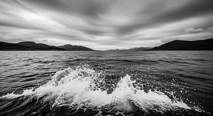 Powerful water splash on a vast, dark lake, captured in a dramatic black and white landscape with moody, streaky clouds over distant mountains on the horizon
