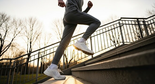 Low angle view of an athletic person in sportswear running up concrete stairs outdoors during a beautiful sunset workout, embodying a healthy and active lifestyle