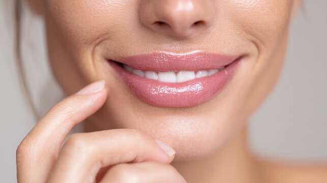 Close up of a smiling model s lips a young woman with flawless skin touches them Spa and wellness skincare theme selective focus