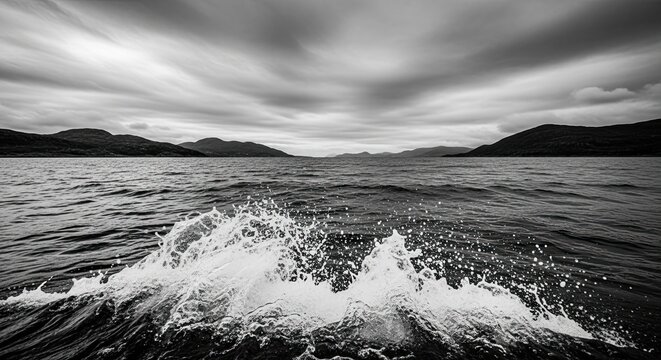 Powerful water splash on a vast, dark lake, captured in a dramatic black and white landscape with moody, streaky clouds over distant mountains on the horizon - Powered by Adobe