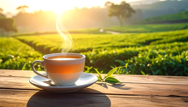 Morning Tea in a Lush Tea Plantation at Sunrise. - Powered by Adobe
