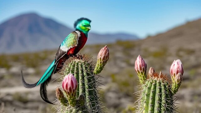 Brilliant quetzal perched on cactus in sunny desert mountain landscape