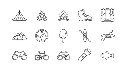 Fototapeta premium Explore outdoor adventure with tent, fire, mountain, kayak, and nature elements icons