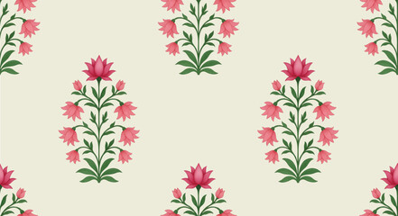 Mughal style botanical flower illustration with decorative leaves. Textile design flower patterns ornamental illustration. Vintage Mughal style with flowers and foliage. © Design 35