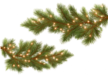 Fir tree branches with a garland of glowing lights on a white background, vector illustration. christmas and new year concept, isolated on a white background, vector, detailed. 