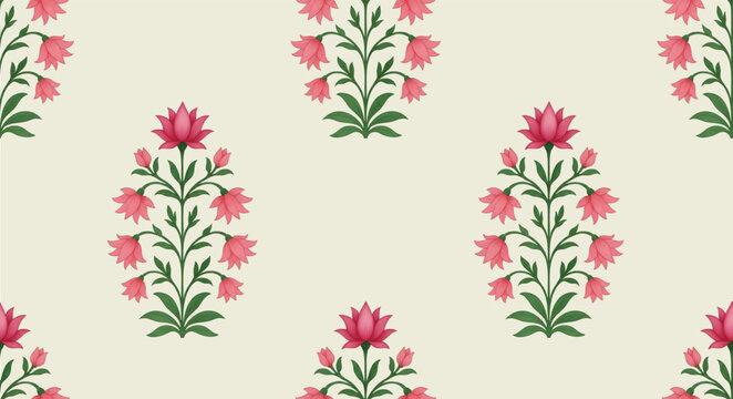 Mughal style botanical flower illustration with decorative leaves. Textile design flower patterns ornamental illustration. Vintage Mughal style with flowers and foliage.