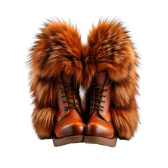 Brown boots flanked by a vibrant fur coat