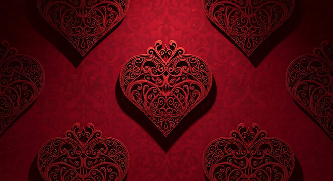 Ornate red hearts arranged on a matching red background with intricate filigree details and shadows