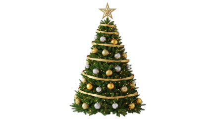 A beautifully decorated christmas tree with gold ribbon and ornaments