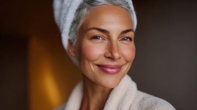 Close-up portrait of a middle-aged woman with grey hair. she is wearing a white towel wrapped around her head and is smiling at the camera. - Powered by Adobe