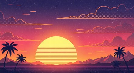 Retro pixel art sunset with palm trees and ocean