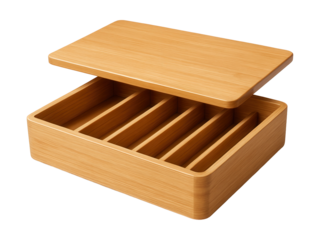 Bamboo tray with a lid for neatly organizing kitchen utensils in drawers.